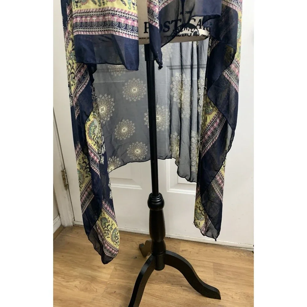 Scarf Vest Long Flowy Sleeveless Navy Print Silky One Size Boho Asymetrical